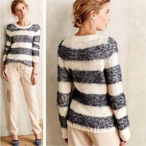 Tabitha for Anthropologie | Women’s Cream/Navy Fuzzy Striped Crewneck Sweater, M